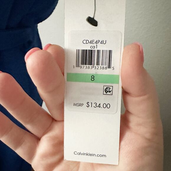 Calvin Klein Blue Button Front Structured Shoulder Tie Waist Dress Size 8 NEW - Picture 4 of 10
